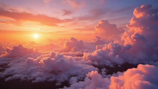 Dreamy orange sunset sky panorama shows fluffy clouds in a tranquil horizon landscape with soft colors and heavenly light.