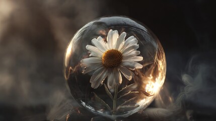 Ice sphere encasing daisy flower
