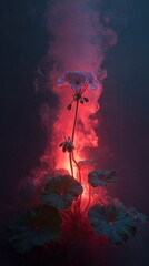 Illuminated pink flower with red light