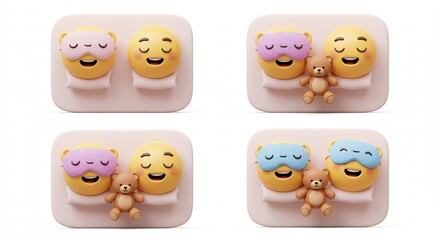 Cute cartoon sleeping emoji faces with sleep masks and teddy bear