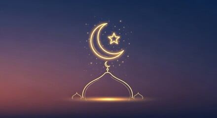 Golden Crescent Moon and Star Graphic Spiritual Ramadan Symbol for Islamic Celebration and Decoration on Blue Purple Background (Line Art Design)