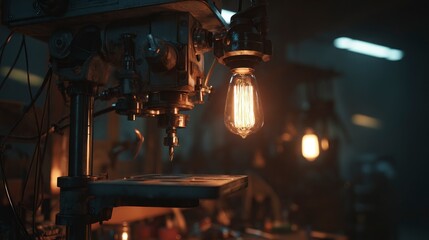 Industrial machine with illuminated bulb in moody workshop environment