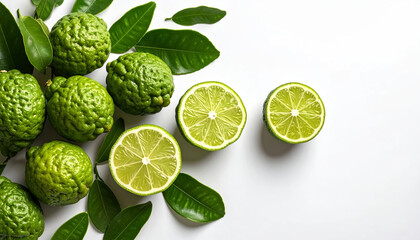 A close-up view of whole and halved bergamot fruits, showing their visible pulp and textured green skin.