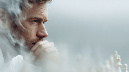 dynamic portrait of chess player captured in motion with random emotion on their face