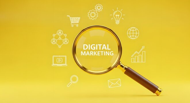 Conceptual 3D Rendering Digital Marketing Under Magnifying Glass With Business Icon