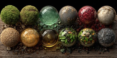 Collection of different colored glass spheres on a wooden surface. isolated-3d-background