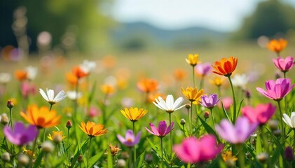 Vibrant Wildflowers Blooming in a Sunny Spring Meadow A Colorful Nature Scene Perfect for Spring Backgrounds and Nature-Themed Designs