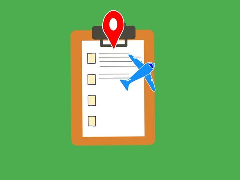 Travel itinerary animation with location icon, plan checklist, and airplane. Trip planning concept. Flat cartoon design.