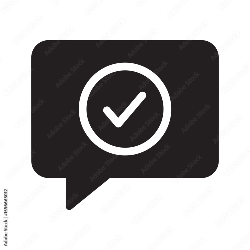 Poster verified message solid glyph icon with speech bubble and check mark for confirmation and approval co