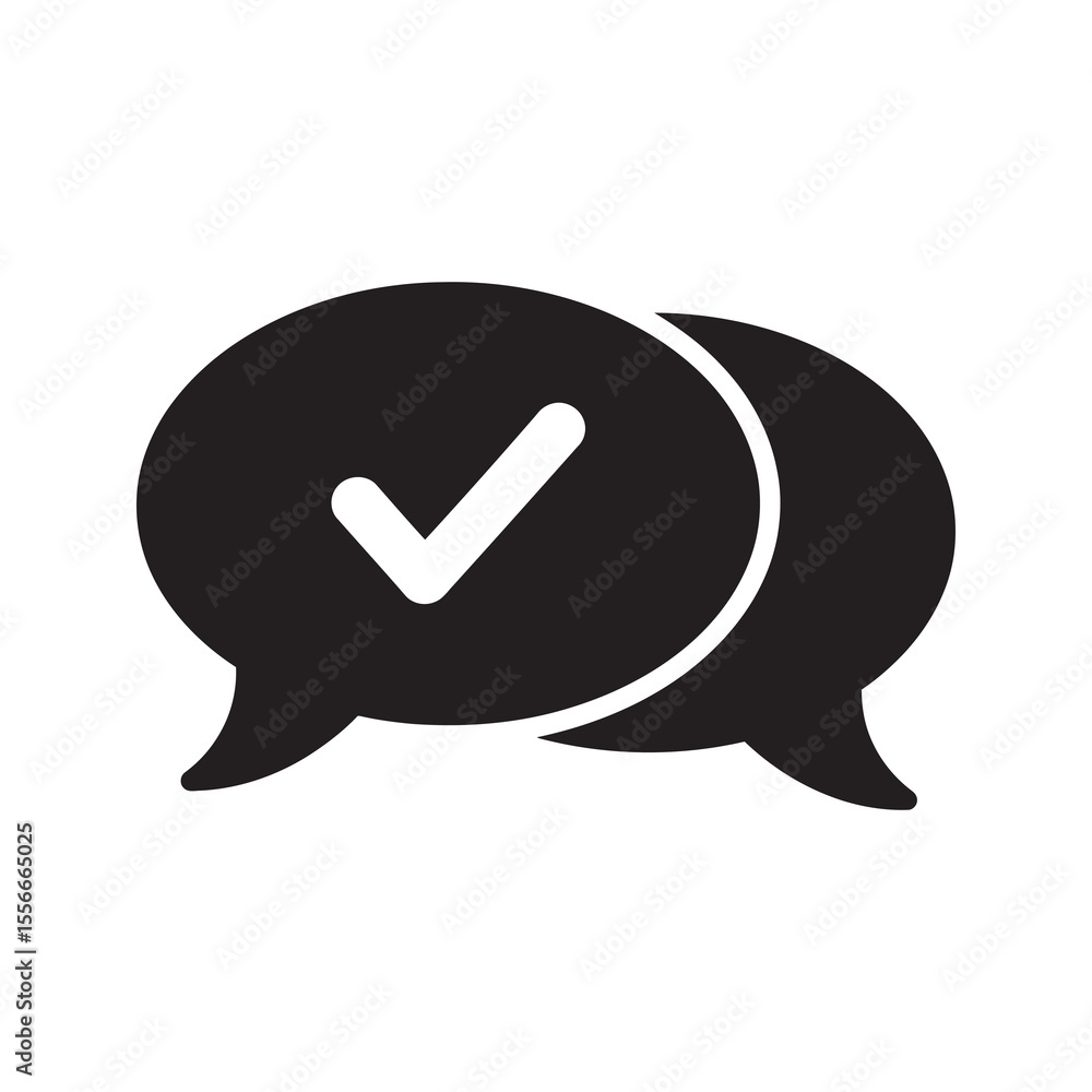 Poster approved chat solid glyph icon with two speech bubbles and check marks for successful communication 