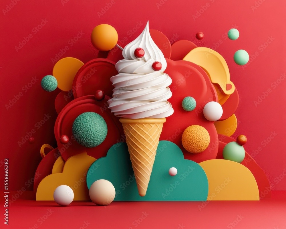 Poster a cyberpop art composition featu ice cream in a cone, vibrant ruby red tones, and floating spheres i