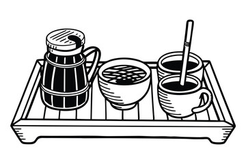 Simple black and white illustration of a tray with a coffee pot and small cups of various beverages.