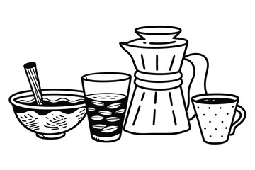 Simple black and white breakfast illustration including cereal bowl with spoon glass of juice coffee pot and dotted coffee cup