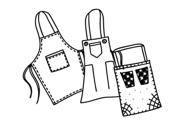 Simple black and white line art illustration of three different aprons with pocket designs for kitchen cooking or art projects