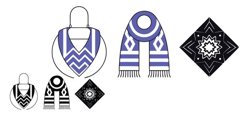 Stylish vector illustrations featuring scarves and geometric decorative elements with winter seasonal ornamental patterns in a minimal style