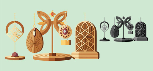 Stylish earrings displayed on decorative stands with intricate geometric patterns in a collection for design concepts