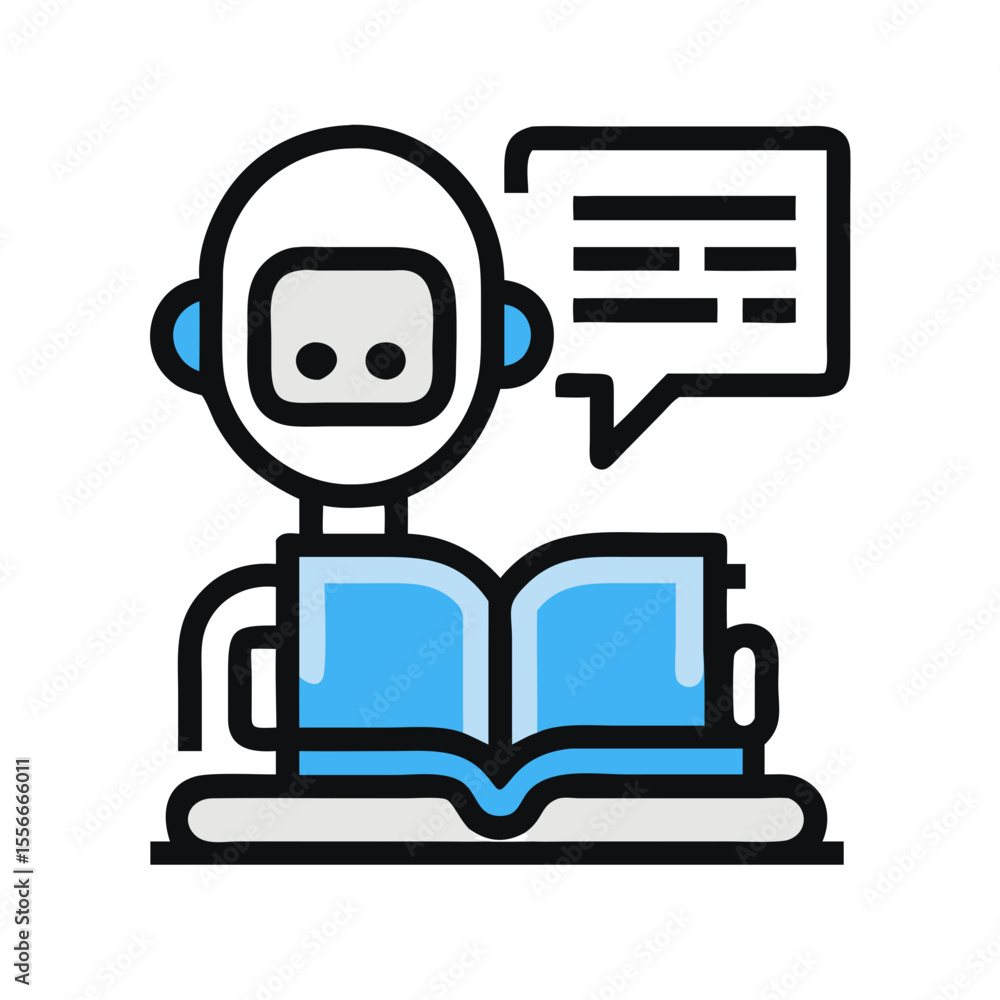 Poster robot reading book vector illustration with speech bubble on a black background
