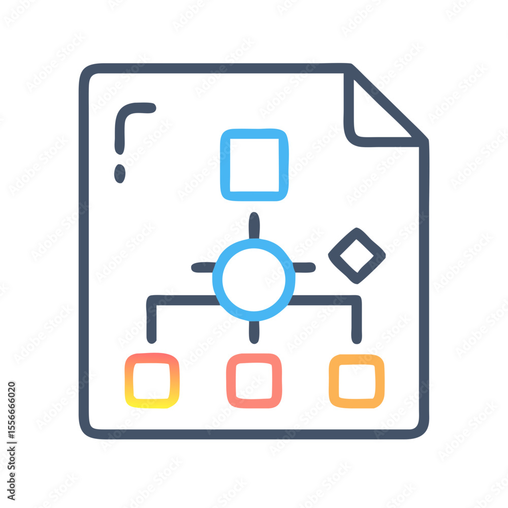 Poster flowchart document icon on black background: illustrating process and connections