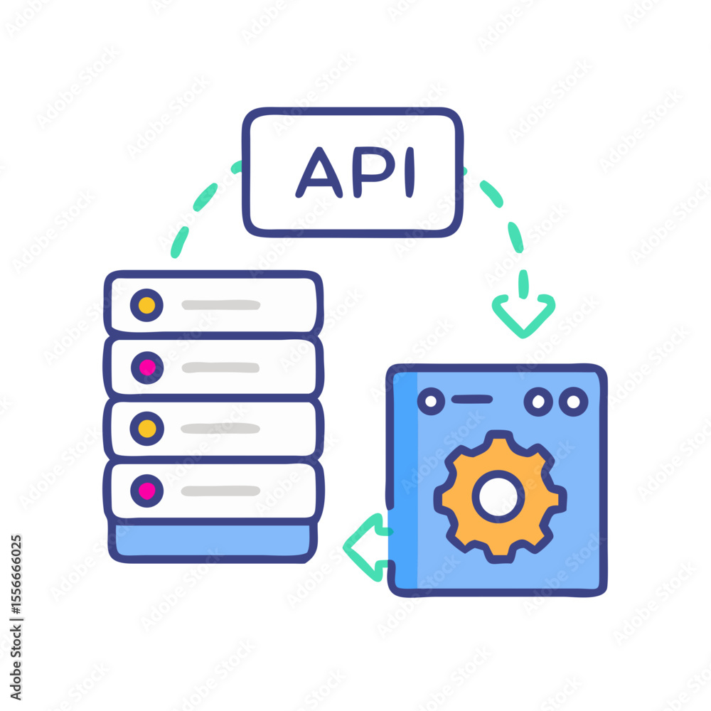 Poster stylized api workflow visualization with servers, configuration, and data exchange