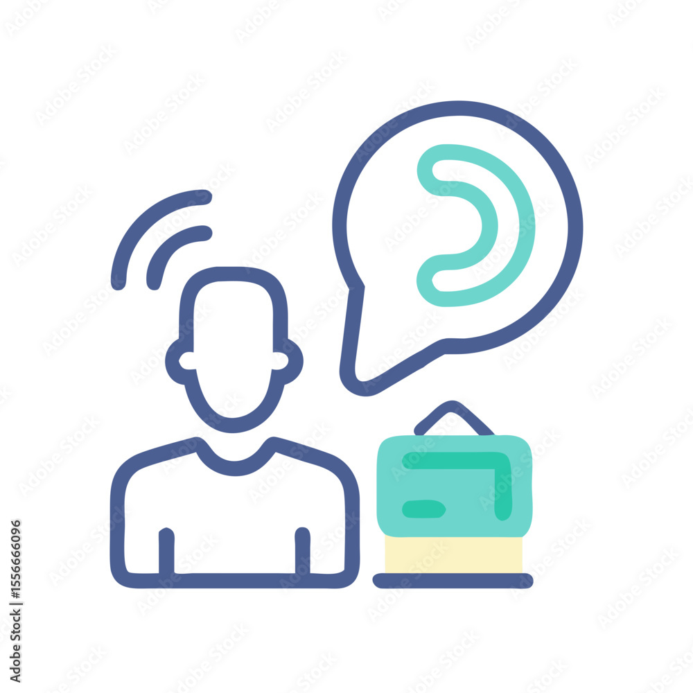 Poster communication through technology concept featuring a person connected to messages and information.