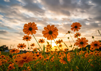 Orange Cosmos Flowers at Sunset Close up view vibrant