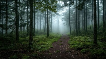 Obraz premium Misty forest path cuts through lush green undergrowth