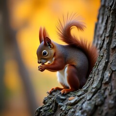 Fototapeta premium Cute Squirrel Sitting on Tree Branch in Autumn Forest