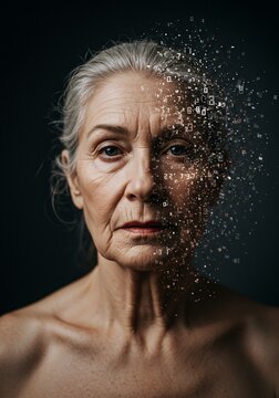 Conceptual Digital Portrait of Elderly Woman with Gray Hair and Pixel Dispersion Symbolizing Identity Loss, Memory Decline, Menopause Health, Mental Well-Being, and Digital Age Adaptation