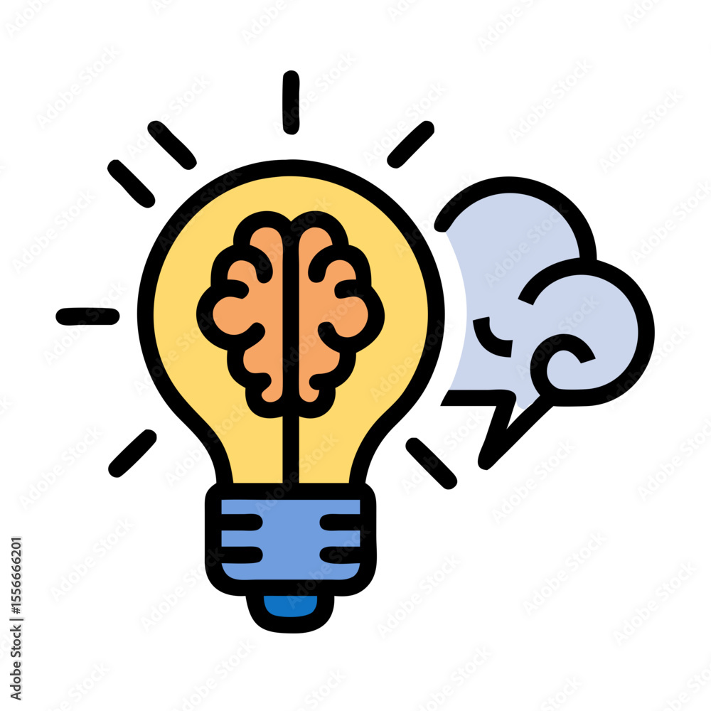 Aufkleber brainstorming and idea generation: light bulb with brain and thought bubble