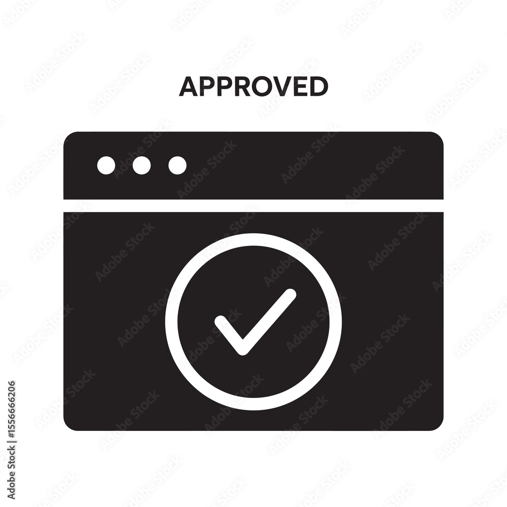 Poster online approval solid glyph icon with browser window and check mark for successful form submission a