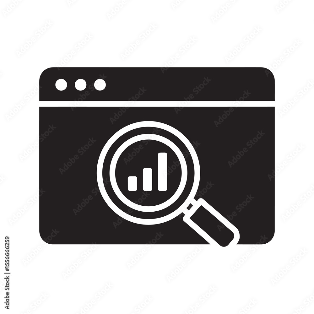 Poster web analytics solid glyph icon with browser and magnifying glass on chart for seo research and websi