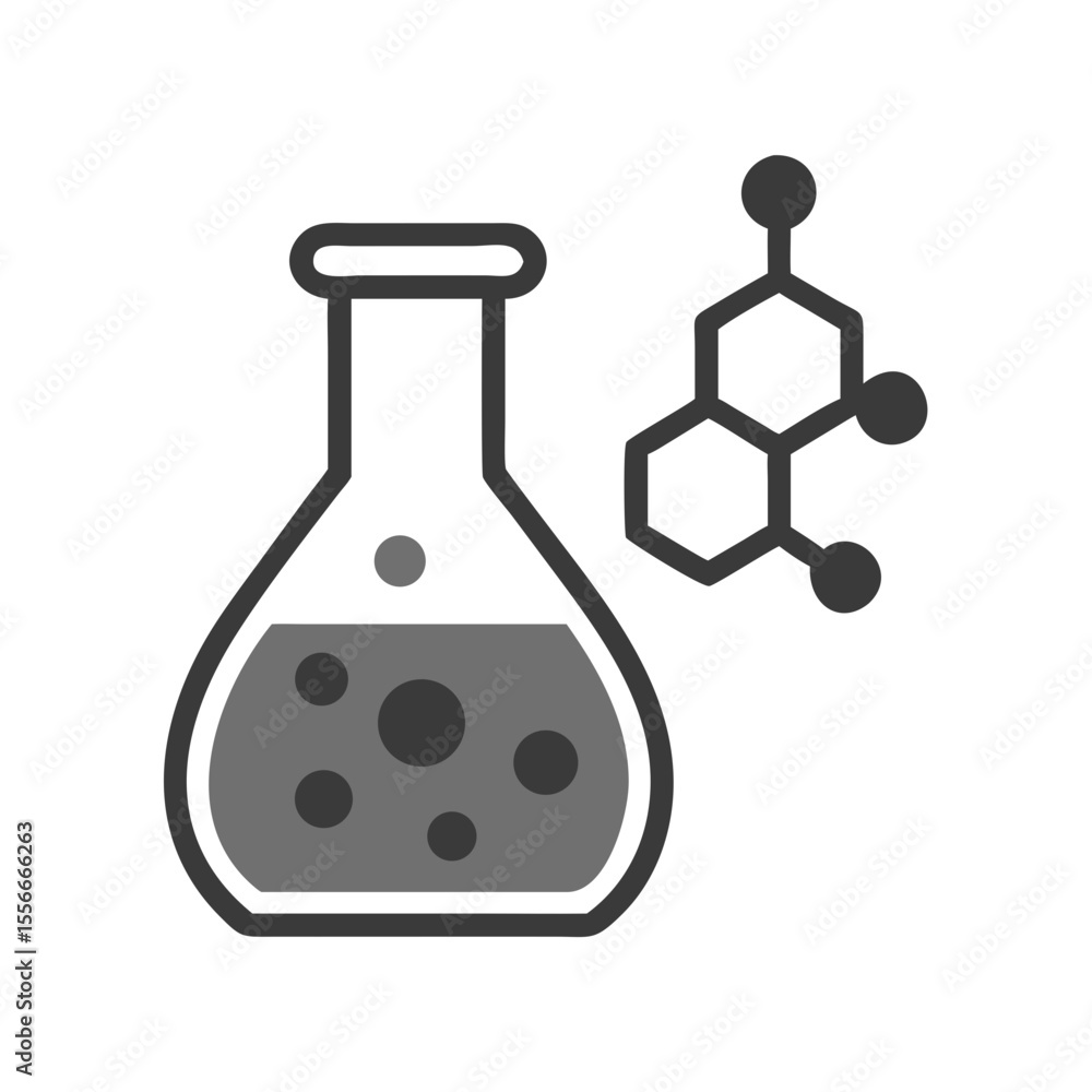 Poster flask with liquid and molecular structure icon on a black background