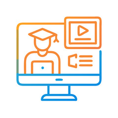 Online Education Icon: Graduation, Video Tutorial, and Computer Screen on Black Background