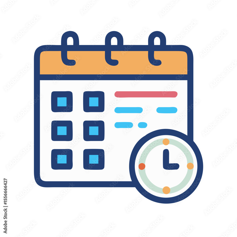 Poster stylized calendar icon with a clock, illustrating appointment scheduling and time management concept