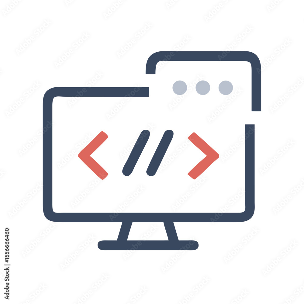 Poster stylized monitor with code symbols for software development concept on a black background