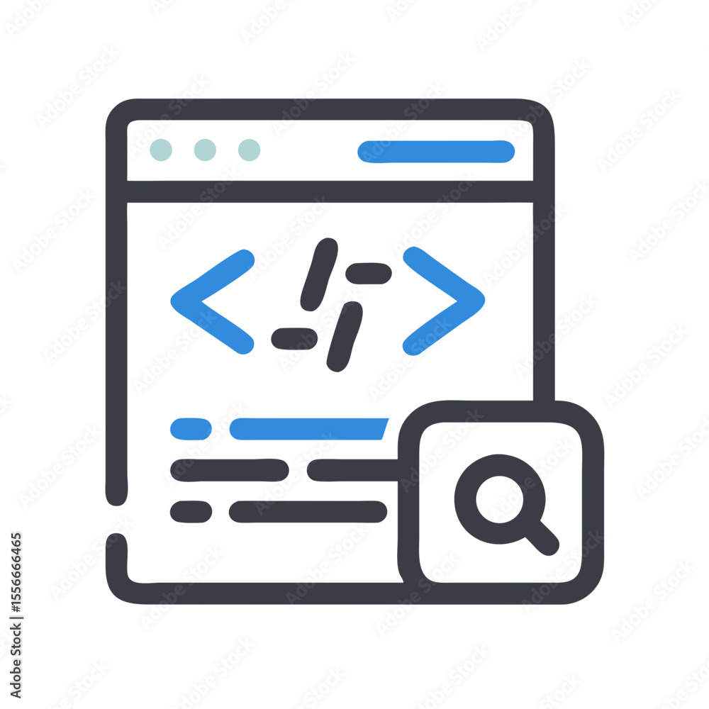 Poster stylized graphic of a browser window displaying code with a search icon, promoting web development