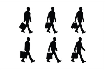 Men Walking with Shopping Bags Silhouettes - Consumer and Retail Vector Set