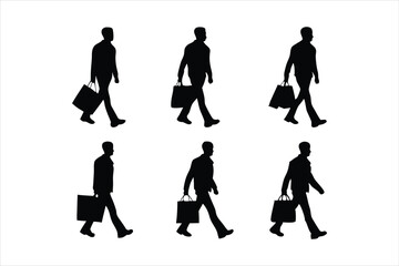Men Walking with Shopping Bags Silhouettes - Consumer and Retail Vector Set