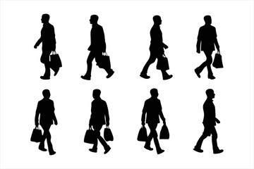 Men Walking with Shopping Bags Silhouettes - Consumer and Retail Vector Set