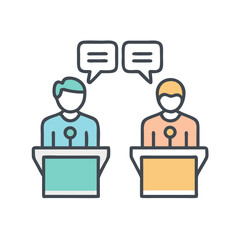 Flat illustration of speakers debating with speech bubbles, isolated on black backdrop