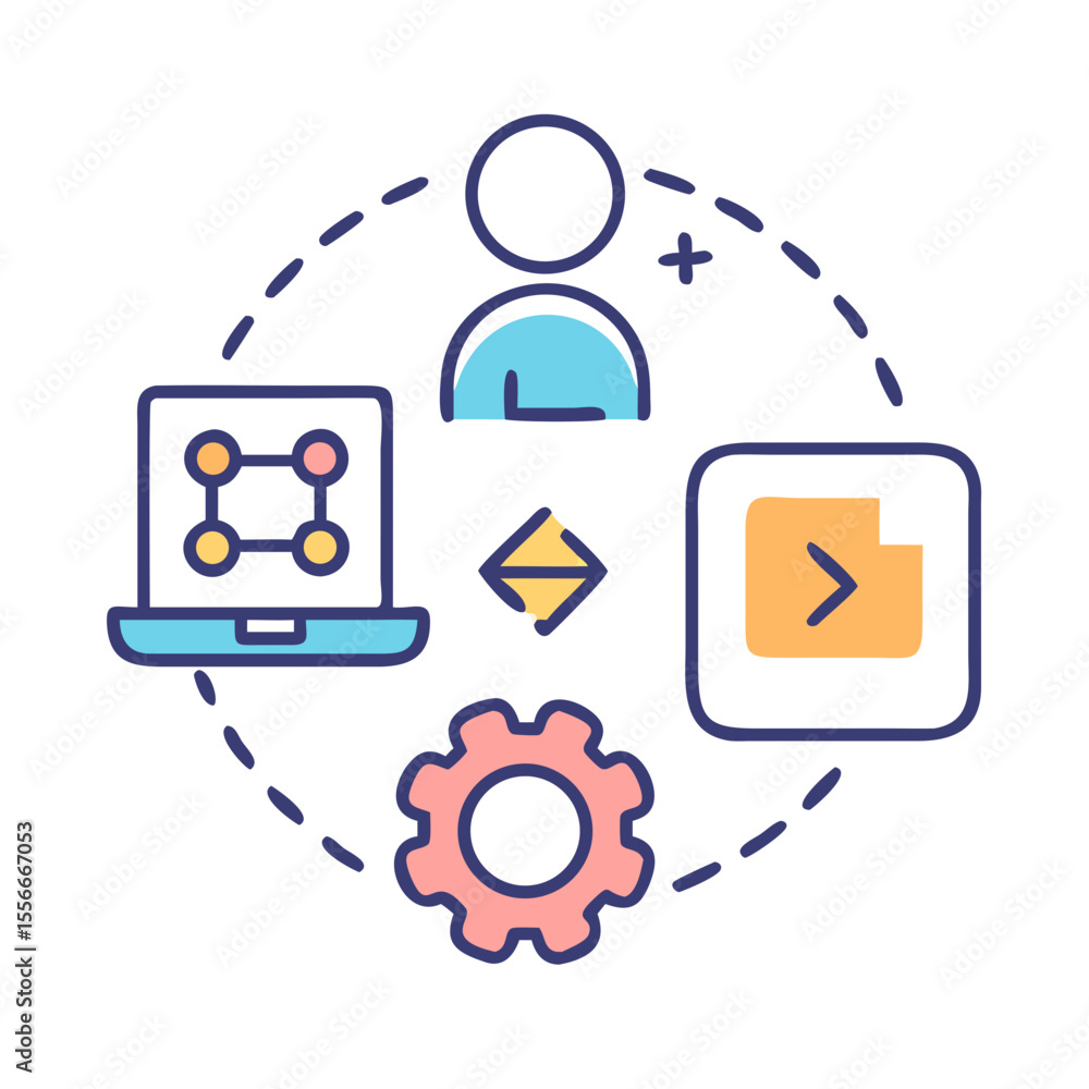 Poster data-driven collaboration: colorful vector icon depicting connection, development, and technical exp