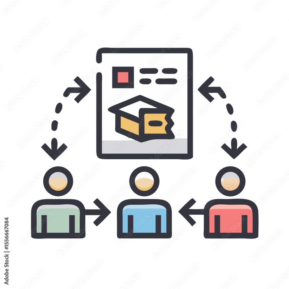 Poster icon of a delivery workflow with three people and shipment documentation
