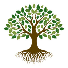 Fototapeta premium Vector-style simple tree logo with green leaves, brown trunk, and roots on white background, transparent PNG, ideal for family websites or clipart use.