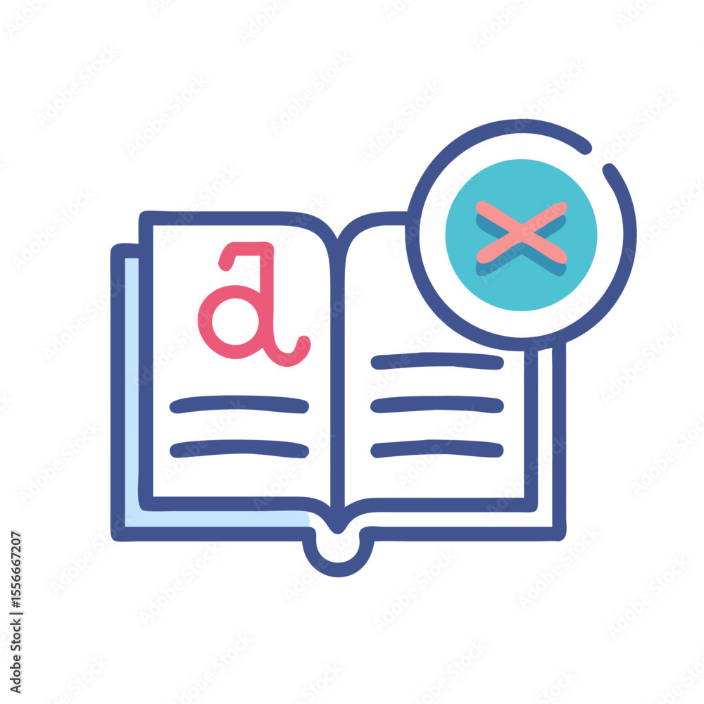 Poster icon of an open book with a red letter and a delete symbol for grammar correction