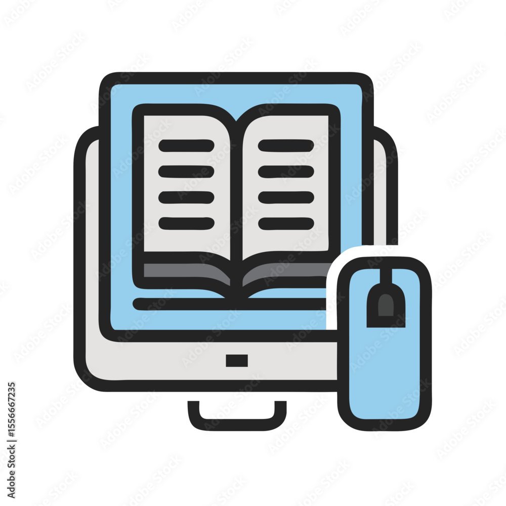 Poster digital education concept: open book displayed on computer screen with mouse near monitor