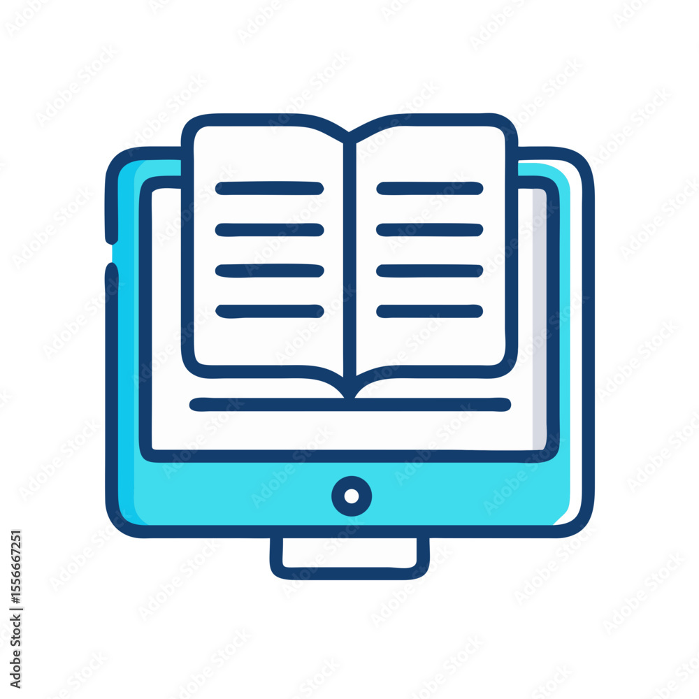 Poster digital learning concept: an open book appears on a desktop computer screen