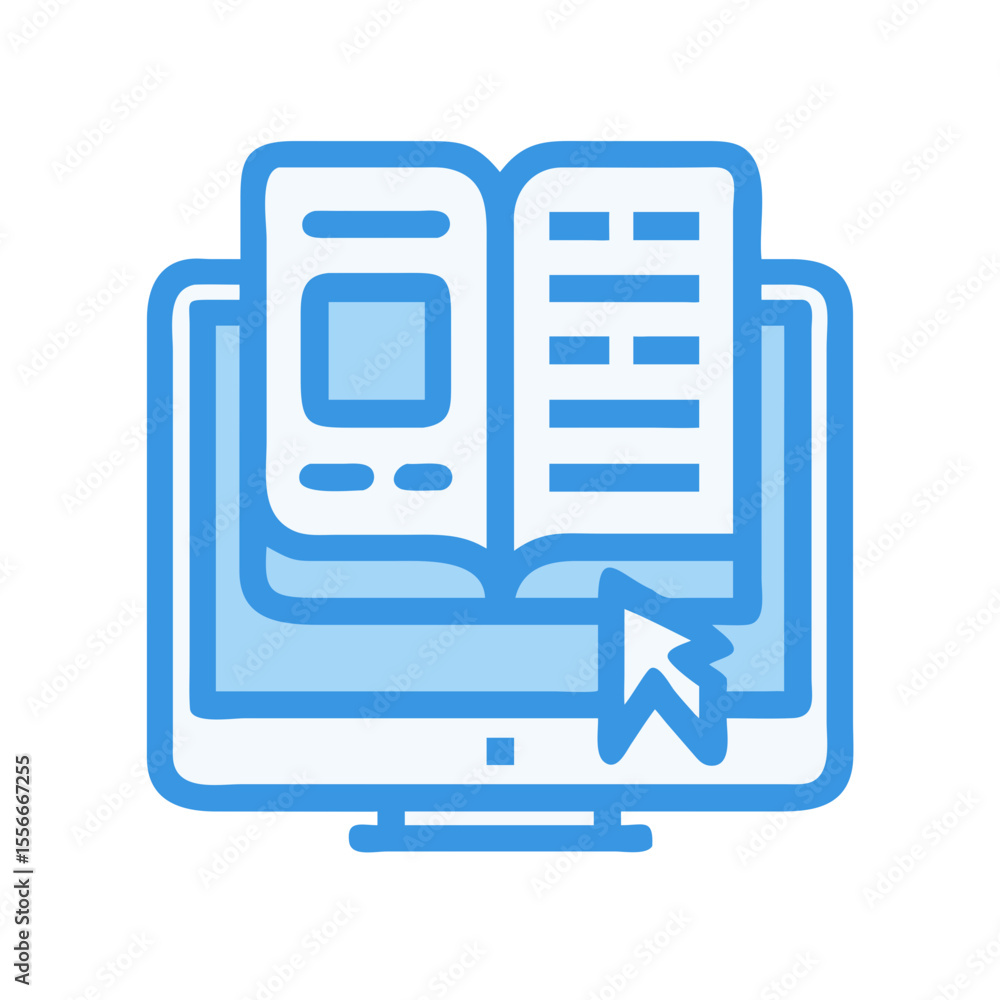 Poster online education concept: open book displayed on computer screen with cursor