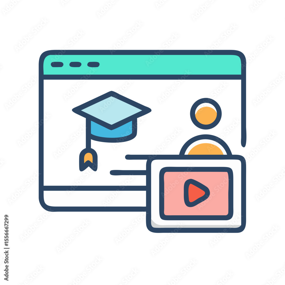Poster online education platform with video tutorial and graduation cap on web browser window