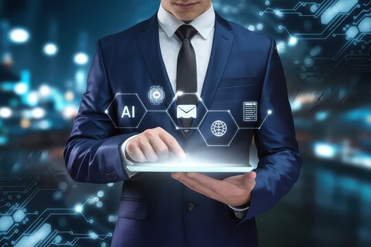 Businessman utilizing innovative AI-driven technology on a modern digital tablet