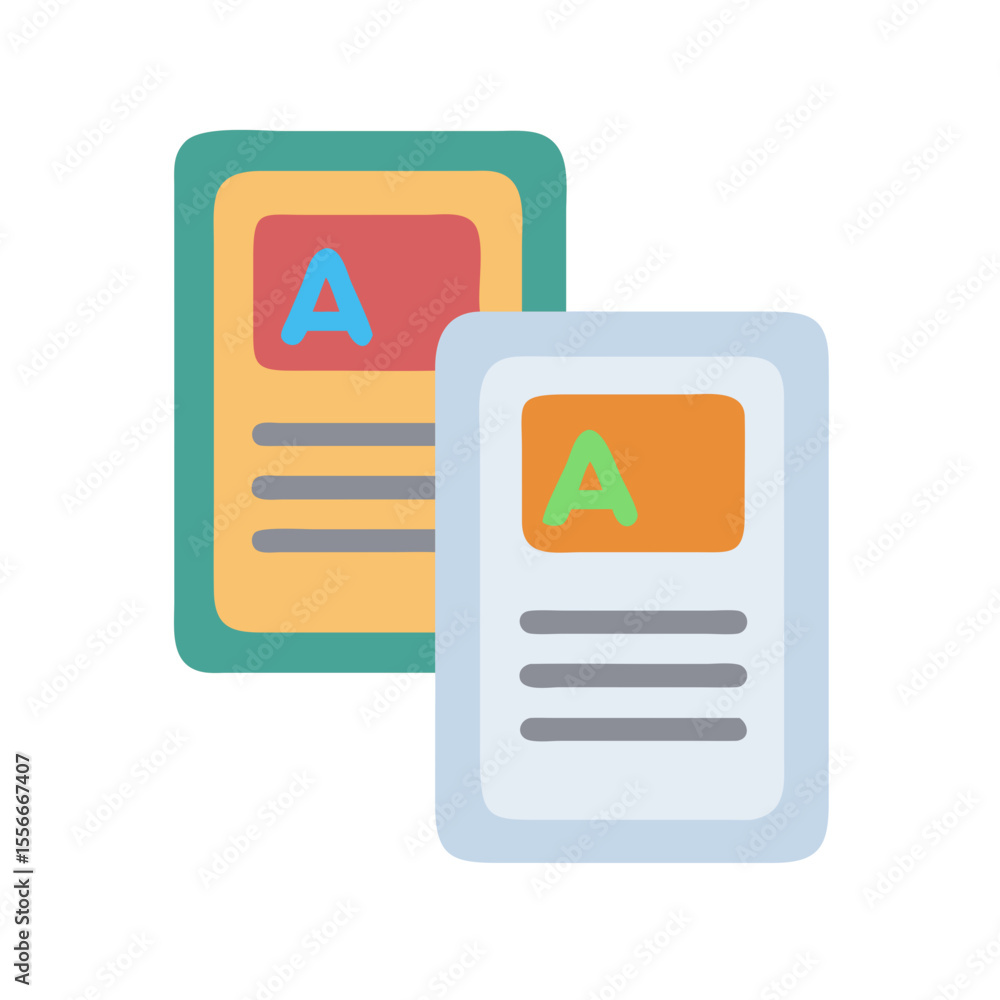 Poster two stylized documents with letters representing data comparison in a simple flat design